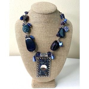 Drapers & Damon's Singing The Blues Pendant Necklace Beaded Silver Hardware Boho